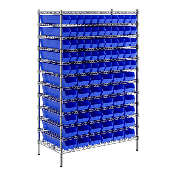 A metal rack with blue bins on it.