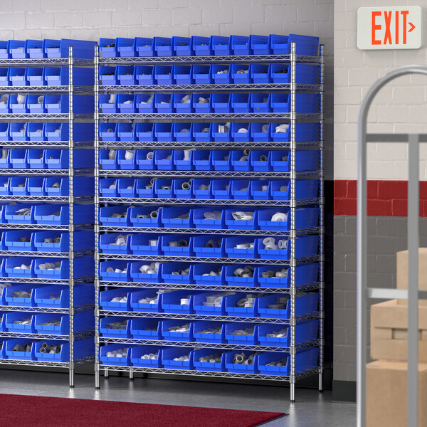 A Regency wire shelving unit with blue storage bins.