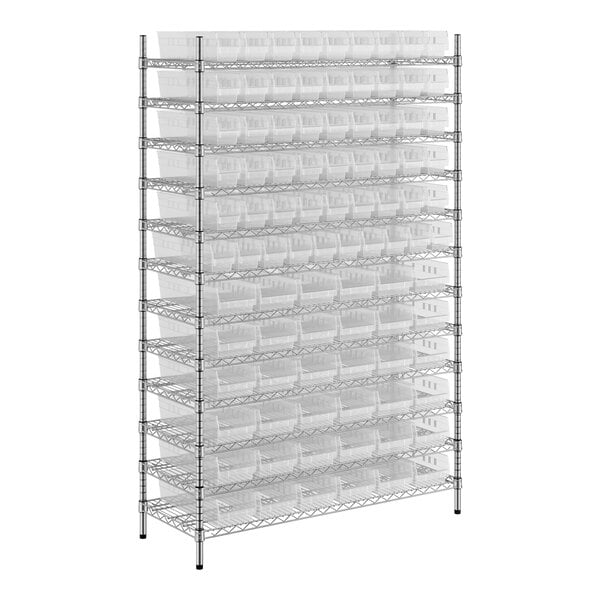 A Regency metal wire shelving unit with clear bins on each shelf.