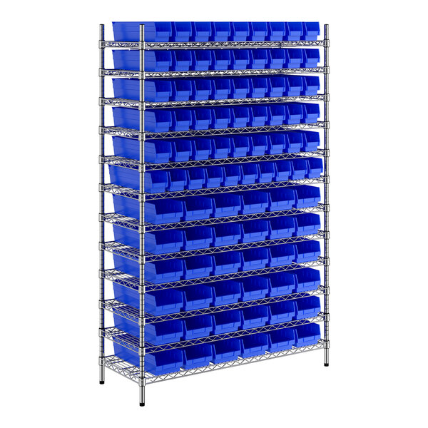 A Regency metal shelving unit with blue bins on a metal rack.