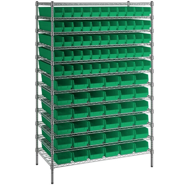 Regency 24 x 48 x 74 Wire Shelving Unit with 91 Green Bins