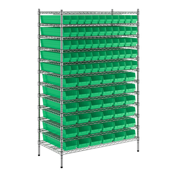 A Regency metal wire shelving unit with green bins on each shelf.