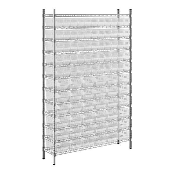 A wireframe metal shelving unit with many clear plastic bins on each shelf.