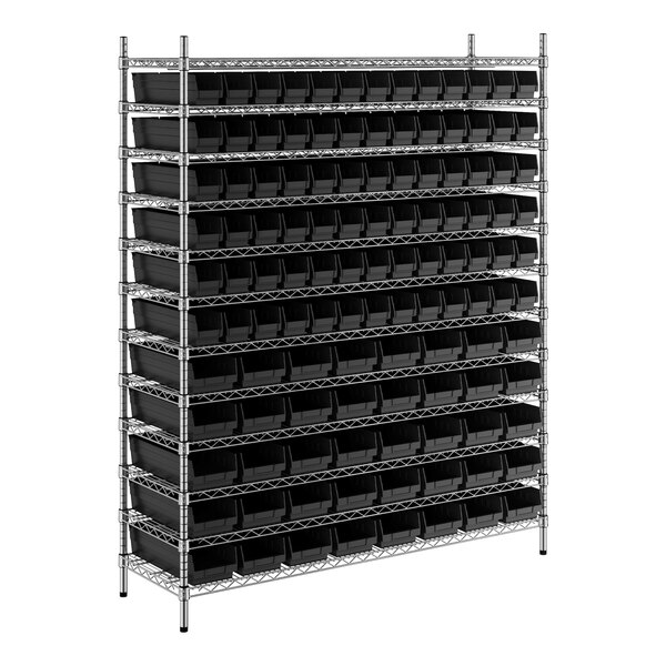 A metal Regency wire shelving unit with black bins on it.