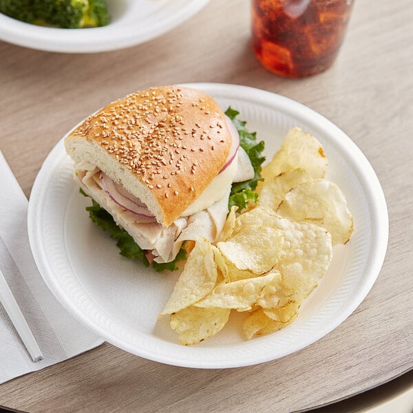 A sandwich and chips on a 9" white foam plate.