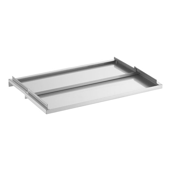 A rectangular stainless steel sliding lid with raised edges and two parallel support bars underneath.