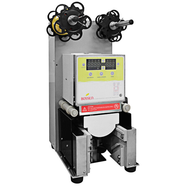 A Bossen automatic bubble tea sealing machine with a digital display.