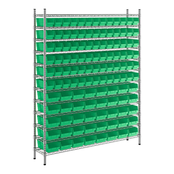 A metal Regency wire shelving rack with green bins.