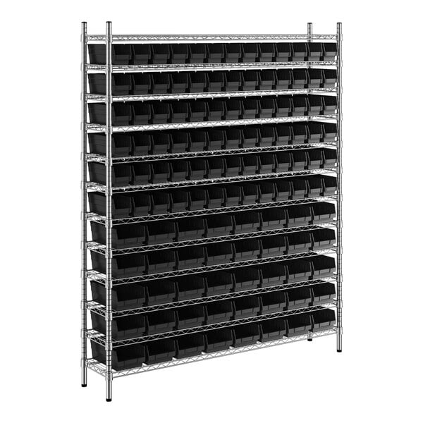 A metal rack with black bins on shelves.