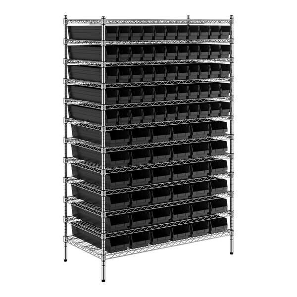 A metal shelf with black bins on it.