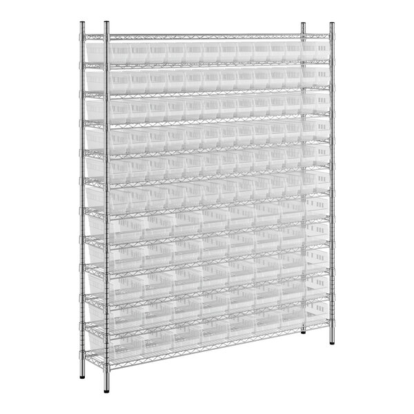 A Regency wire shelving unit holding clear bins.