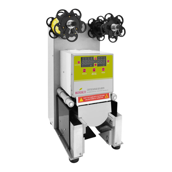 A Bossen automatic cup sealing machine with a digital display on a yellow screen.