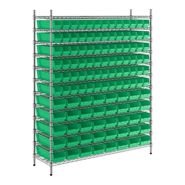 A metal wire shelving unit with green bins.