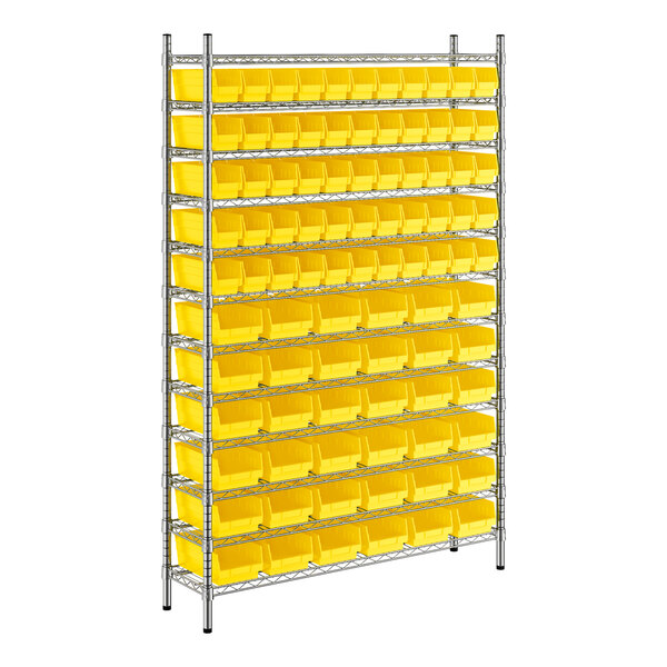 A Regency metal wire shelving unit with yellow bins.