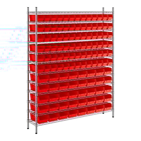 A metal wire shelving unit with red bins on it.