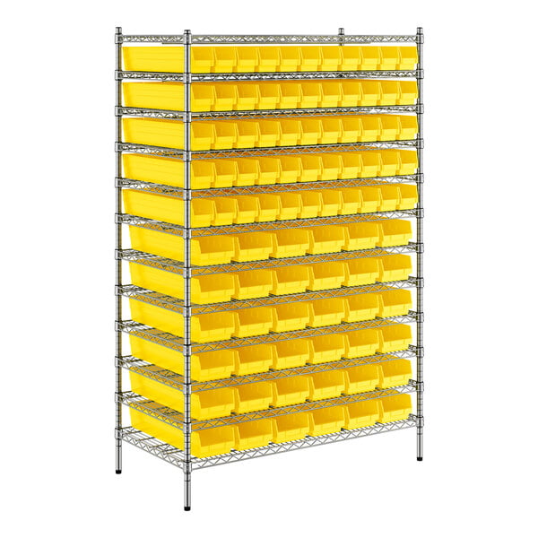 A Regency metal wire shelving unit with yellow bins on each shelf.