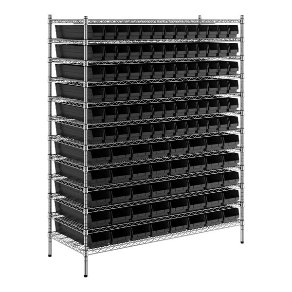 A large black metal shelf with black bins.