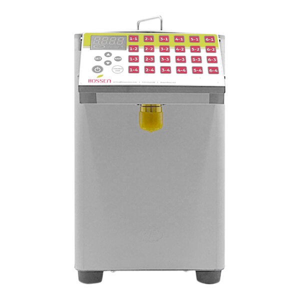 A Bossen Bubble Tea Fructose Dispenser machine with a yellow keypad.