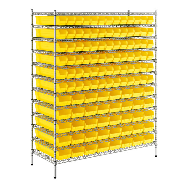 A Regency metal wire shelving unit with yellow bins on each shelf.