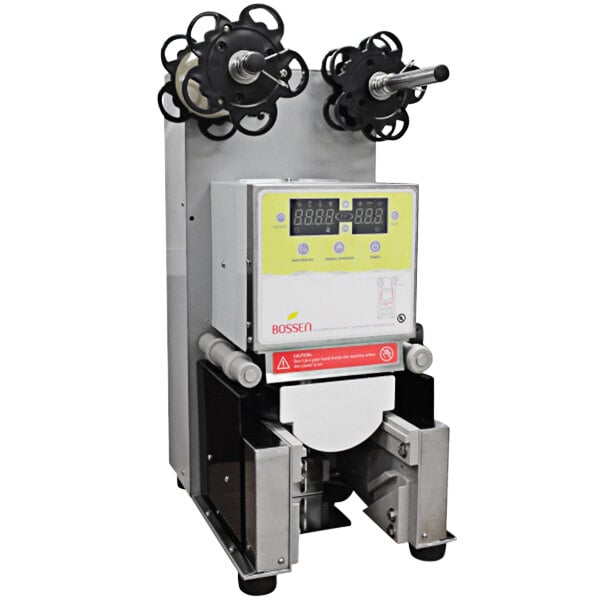 A Bossen 95mm PP Cup Automatic Bubble Tea Sealing Machine with a display and wheels.
