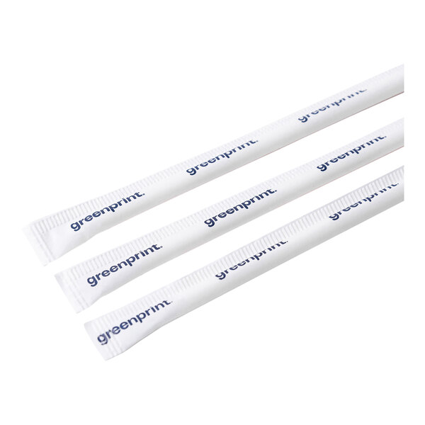 A close-up of a Greenprint black paper straw with blue writing on it.