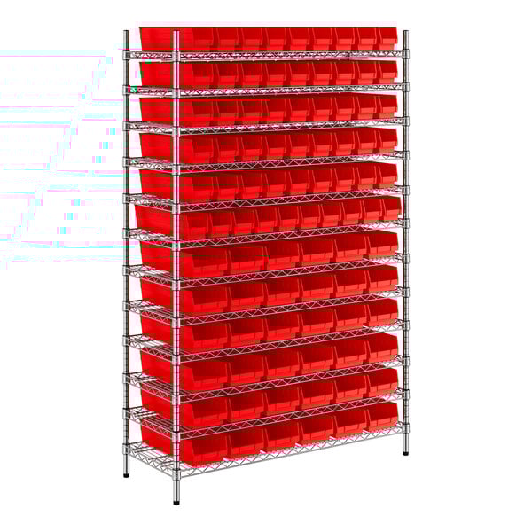 A metal rack with red bins on each shelf.