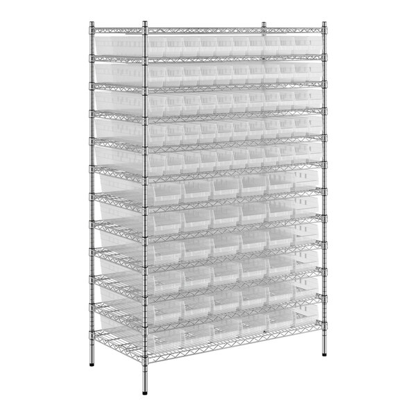 A wire shelving unit with Regency clear plastic bins on each shelf.