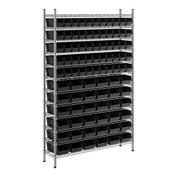 A Regency metal wire shelving unit with black bins on it.