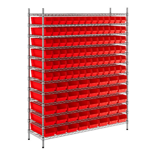 A large metal rack with red bins on each shelf.