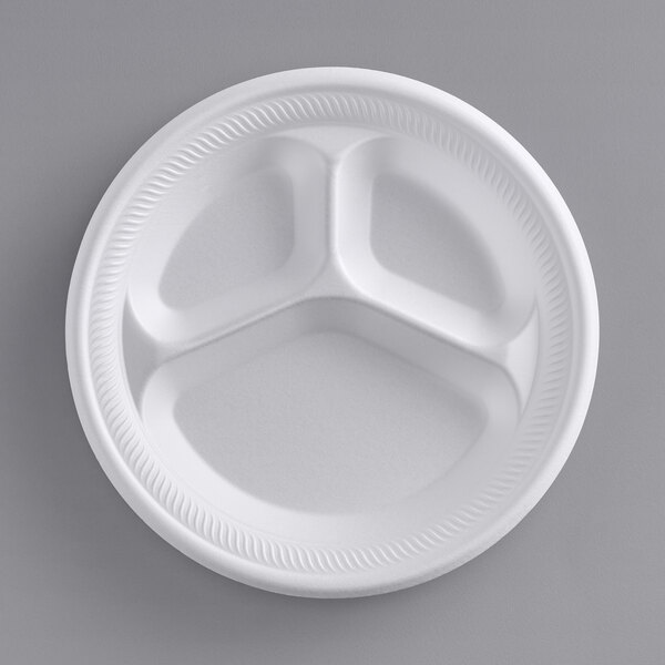 A white foam plate with three compartments.
