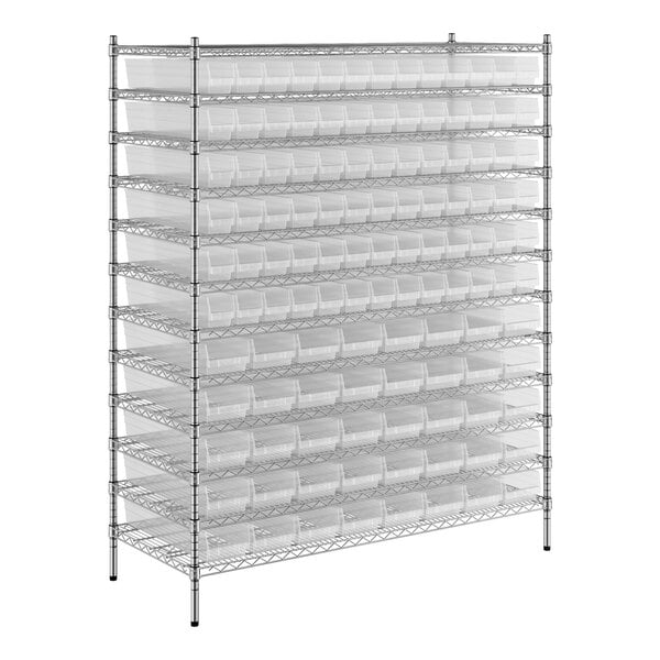 A metal wire shelving unit with white plastic bins on it.