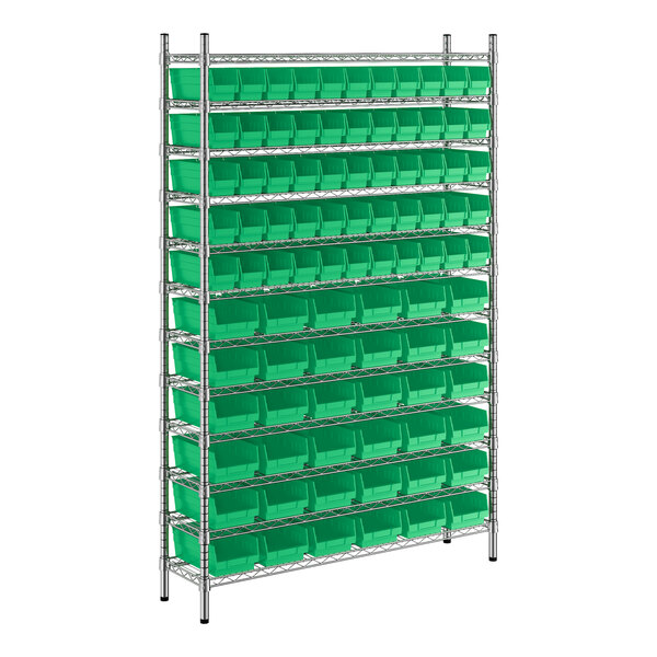 A metal Regency wire shelving unit with green bins.