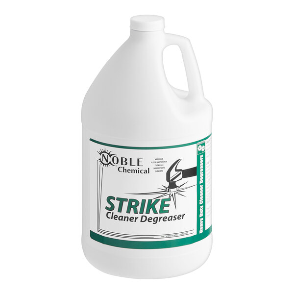 A white jug of Noble Chemical Strike All Purpose Cleaner with a green label.