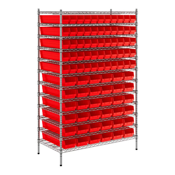 A Regency metal wire shelving unit with red bins on each shelf.