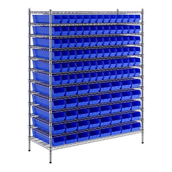 A Regency metal wire shelving unit with blue bins on a metal shelf.