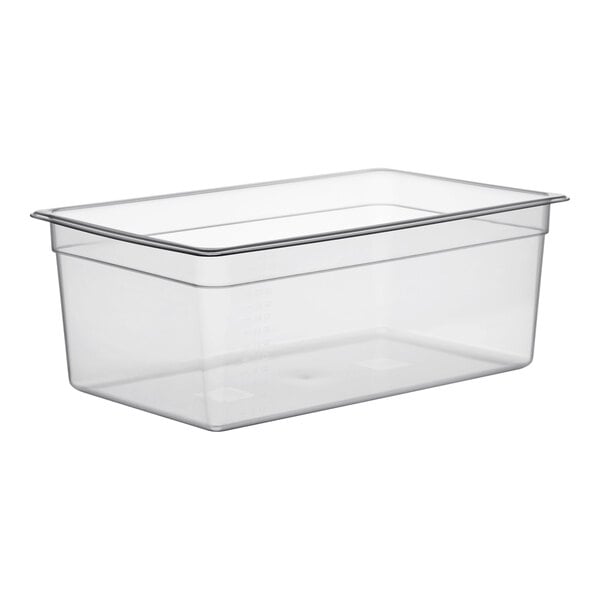 A Vigor translucent polypropylene food pan.