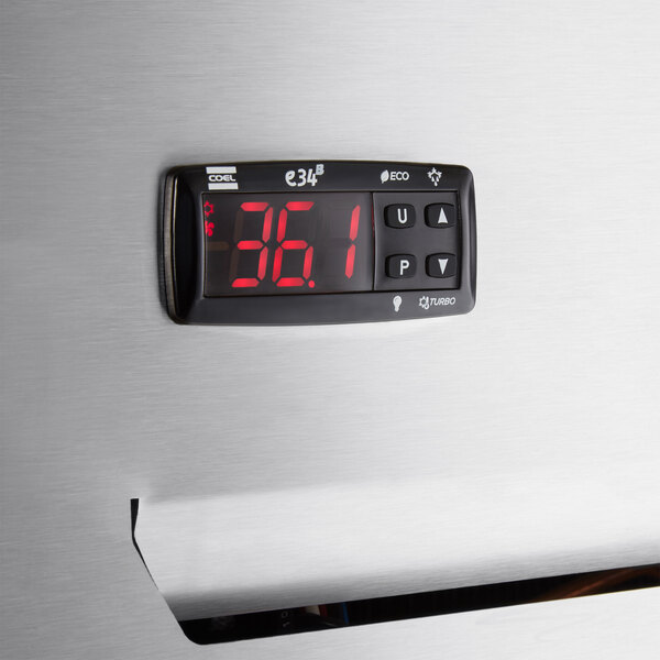 A digital display on a Beverage-Air stainless steel reach-in refrigerator.