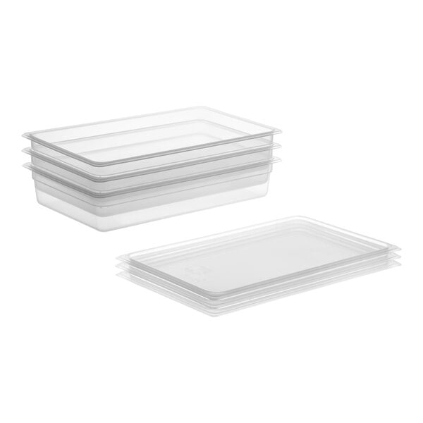 A stack of three translucent plastic food containers with lids.