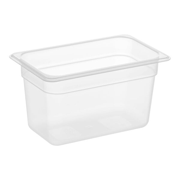 A Vigor translucent polypropylene food pan with a clear lid.