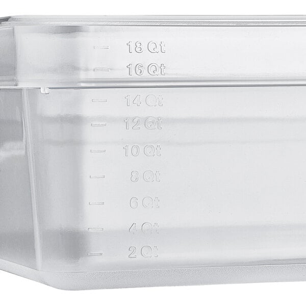 A clear translucent Vigor polypropylene food pan.