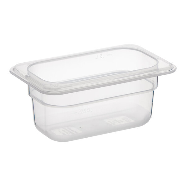 A Vigor translucent polypropylene food pan with a lid.