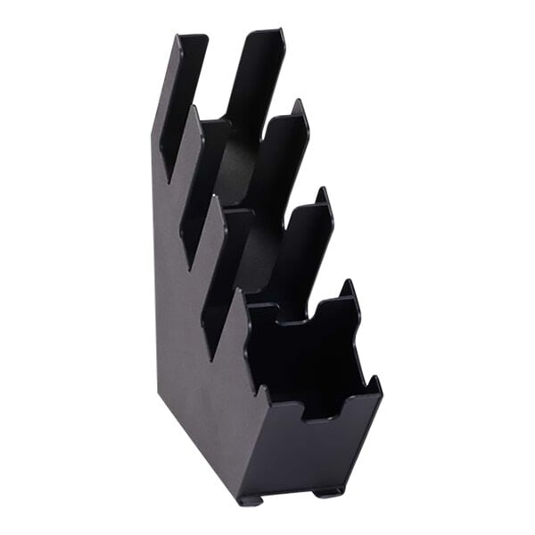 A black plastic Dispense-Rite stand with four sections.