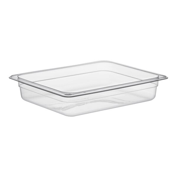 A translucent polypropylene food pan with a clear rim.