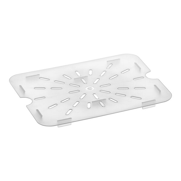A translucent polypropylene tray with holes.