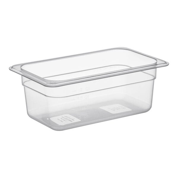 A clear translucent plastic food pan.