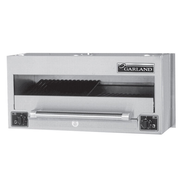 A white Garland salamander broiler with black knobs.