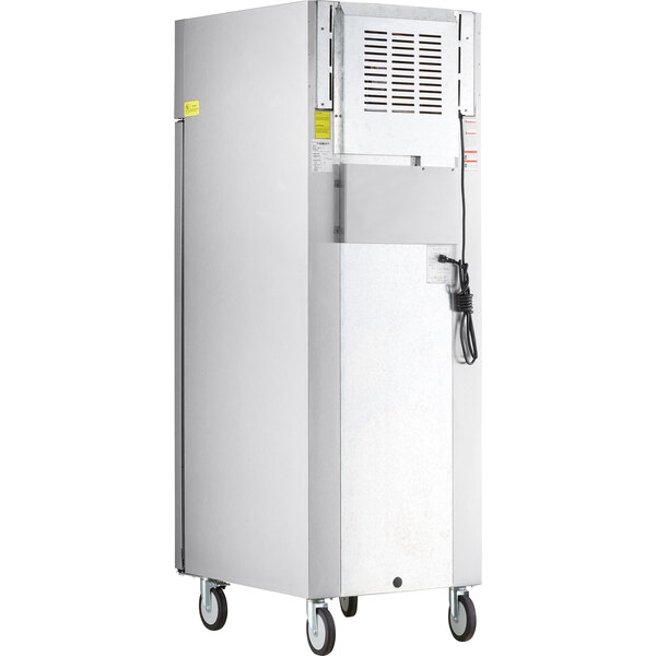 A stainless steel Beverage-Air reach-in freezer with wheels.