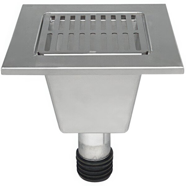 A Zurn stainless steel floor sink liner with a removable strainer and black rubber base.