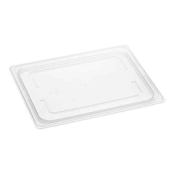 A translucent plastic container lid.