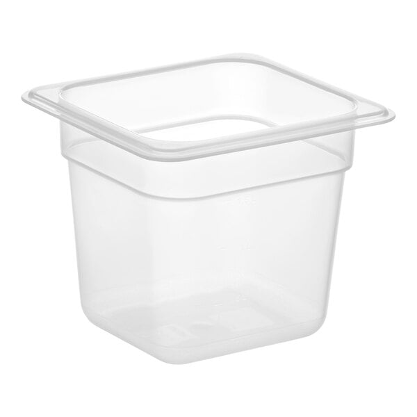 A translucent plastic container with a curved edge.